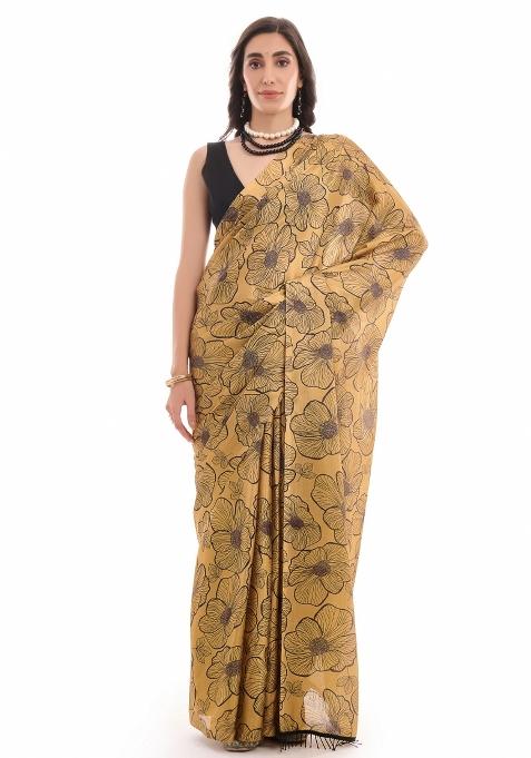 Mustard Printed Chiffon Saree Set