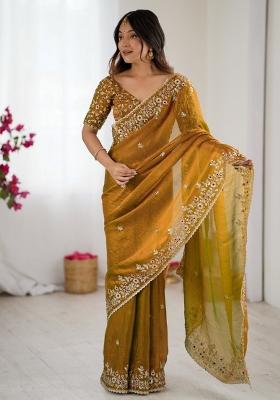Mustard Embroidered Chiffon Saree Set