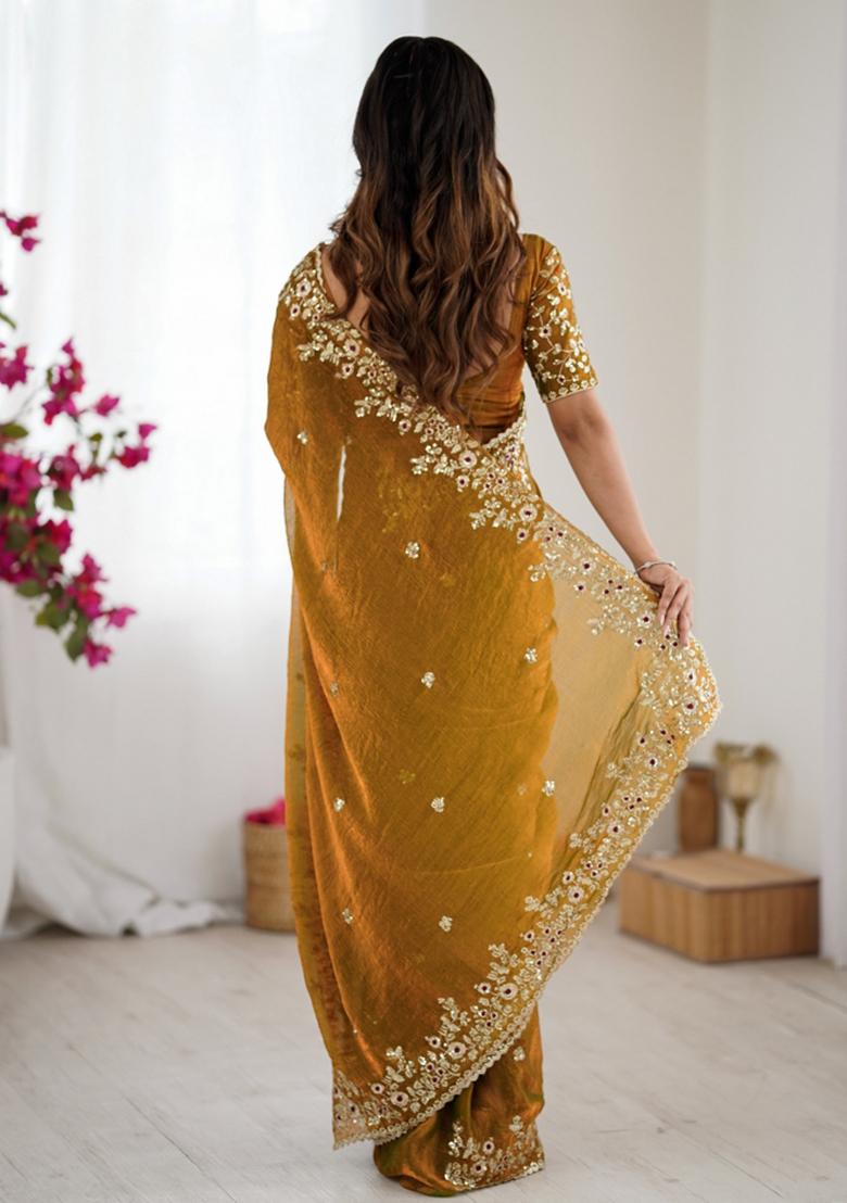 Mustard Embroidered Chiffon Saree Set - Indya