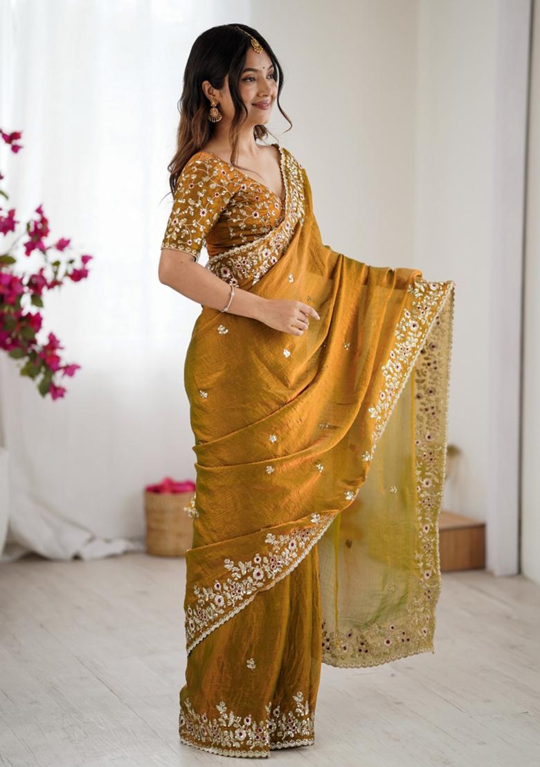 Mustard Embroidered Chiffon Saree Set - Indya