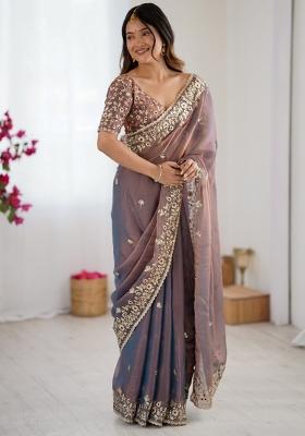 Grey Embroidered Chiffon Saree Set
