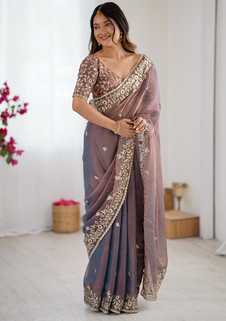 Grey Embroidered Chiffon Saree Set - Indya