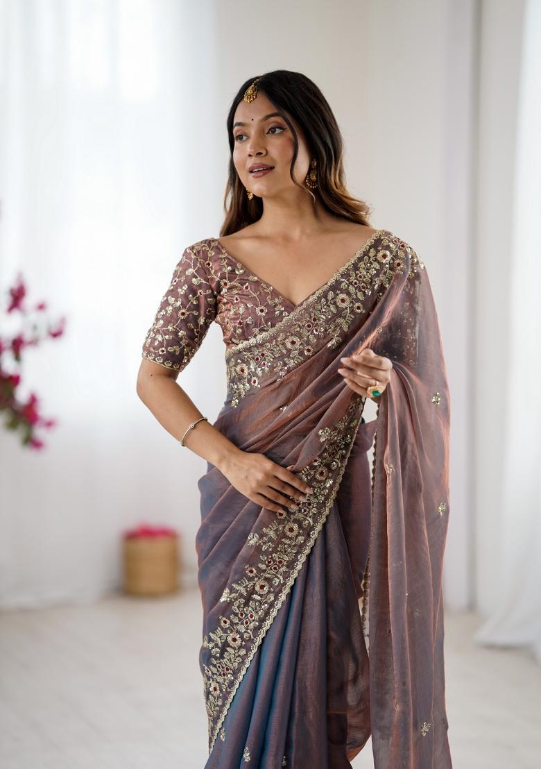 Grey Embroidered Chiffon Saree Set - Indya