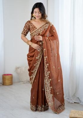 Brown Embroidered Chiffon Saree Set