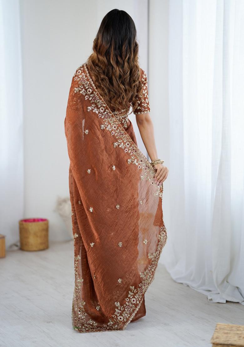 Brown Embroidered Chiffon Saree Set - Indya