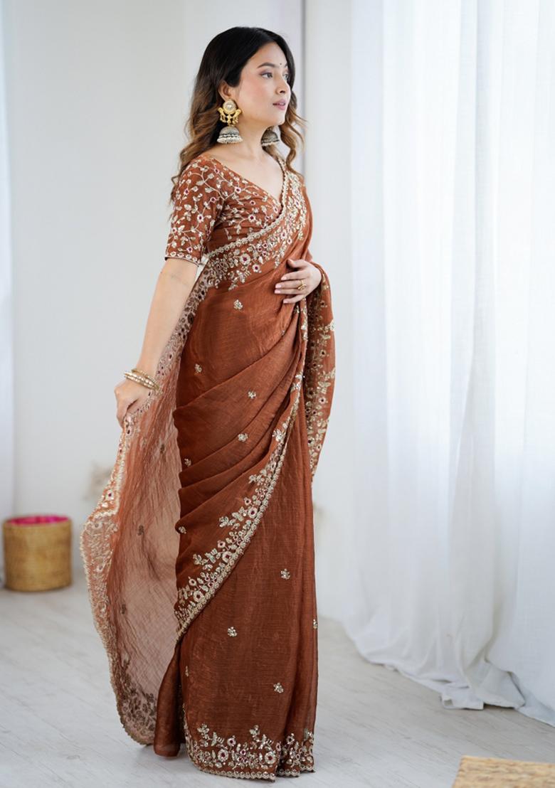 Brown Embroidered Chiffon Saree Set - Indya
