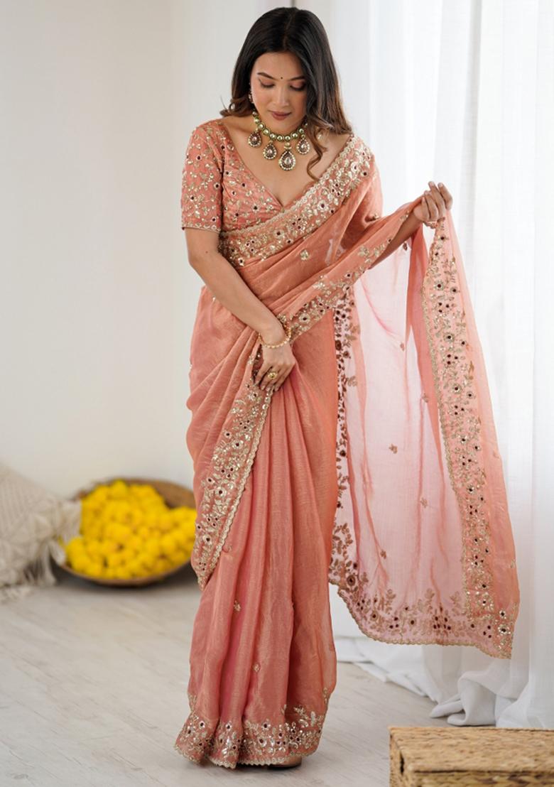 Peach Embroidered Chiffon Saree Set - Indya
