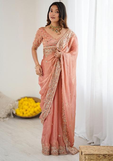 Peach Embroidered Chiffon Saree Set