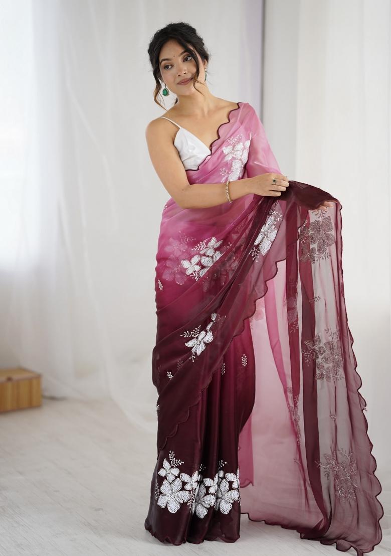 Maroon Embroidered Chiffon Saree Set - Indya