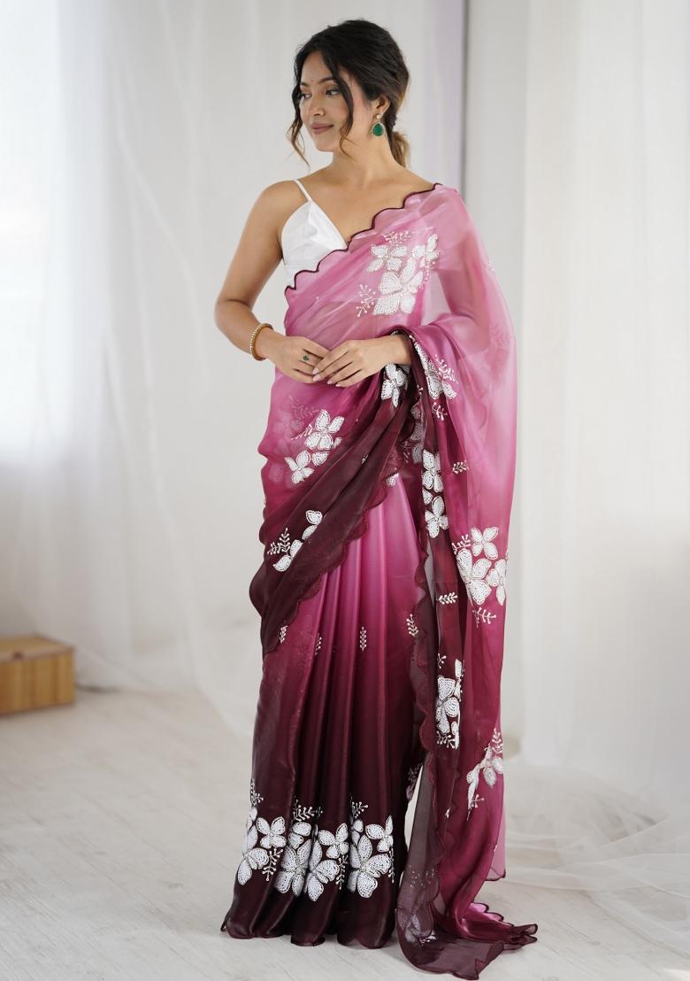 Maroon Embroidered Chiffon Saree Set - Indya