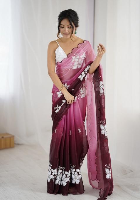 Maroon Embroidered Chiffon Saree Set