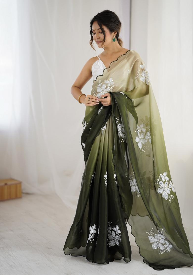 Green Embroidered Chiffon Saree Set - Indya