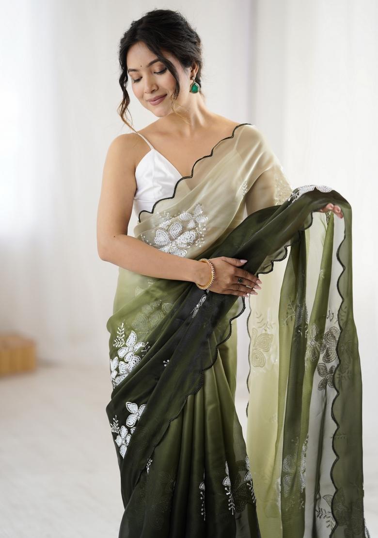 Green Embroidered Chiffon Saree Set - Indya