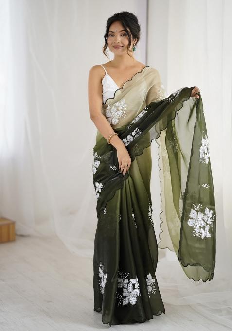 Green Embroidered Chiffon Saree Set