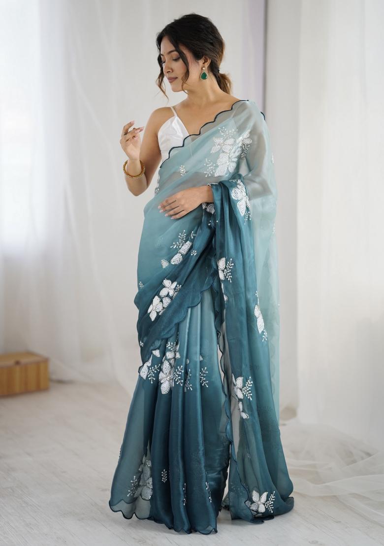 Teal Embroidered Chiffon Saree Set - Indya
