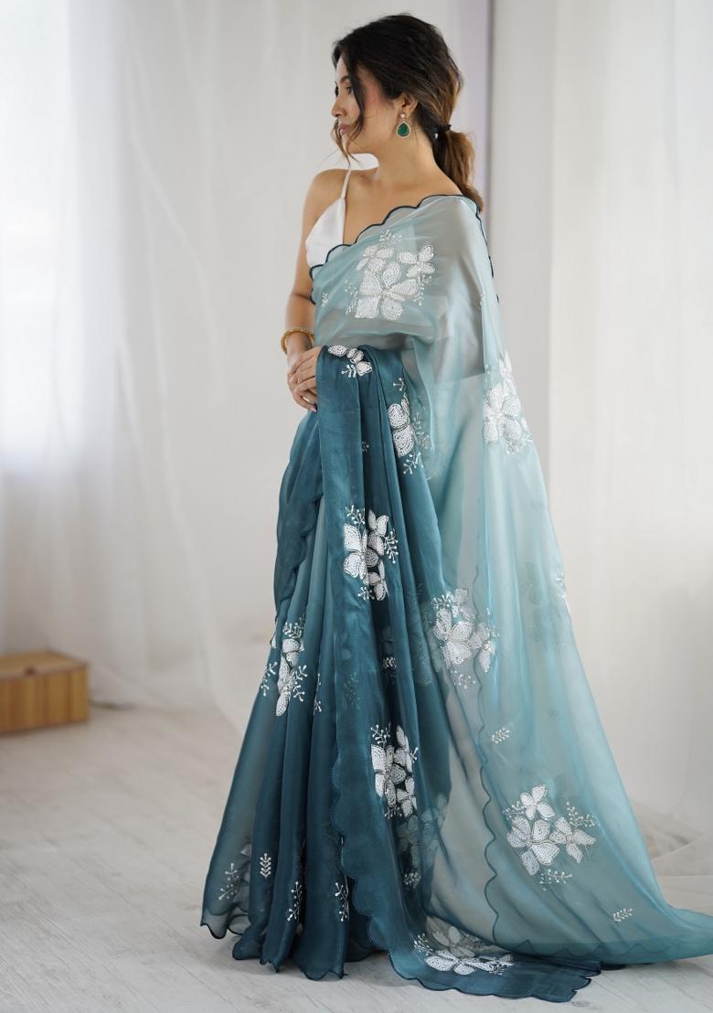 Teal Embroidered Chiffon Saree Set - Indya
