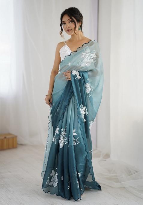 Teal Embroidered Chiffon Saree Set