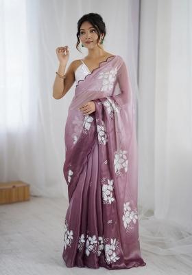 Purple Embroidered Chiffon Saree Set