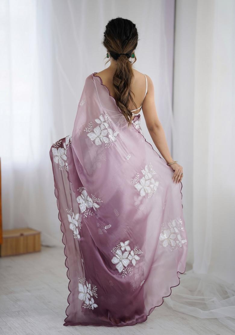 Purple Embroidered Chiffon Saree Set - Indya