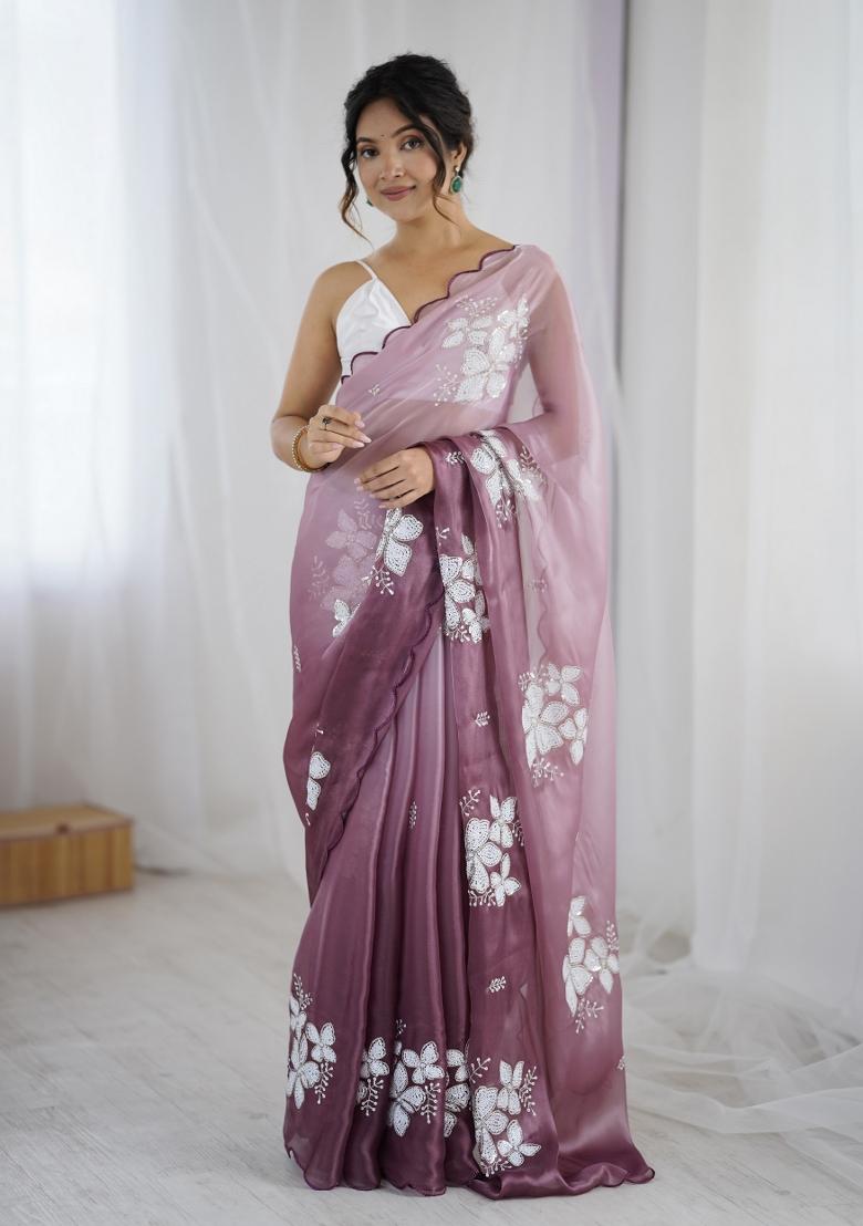 Purple Embroidered Chiffon Saree Set - Indya