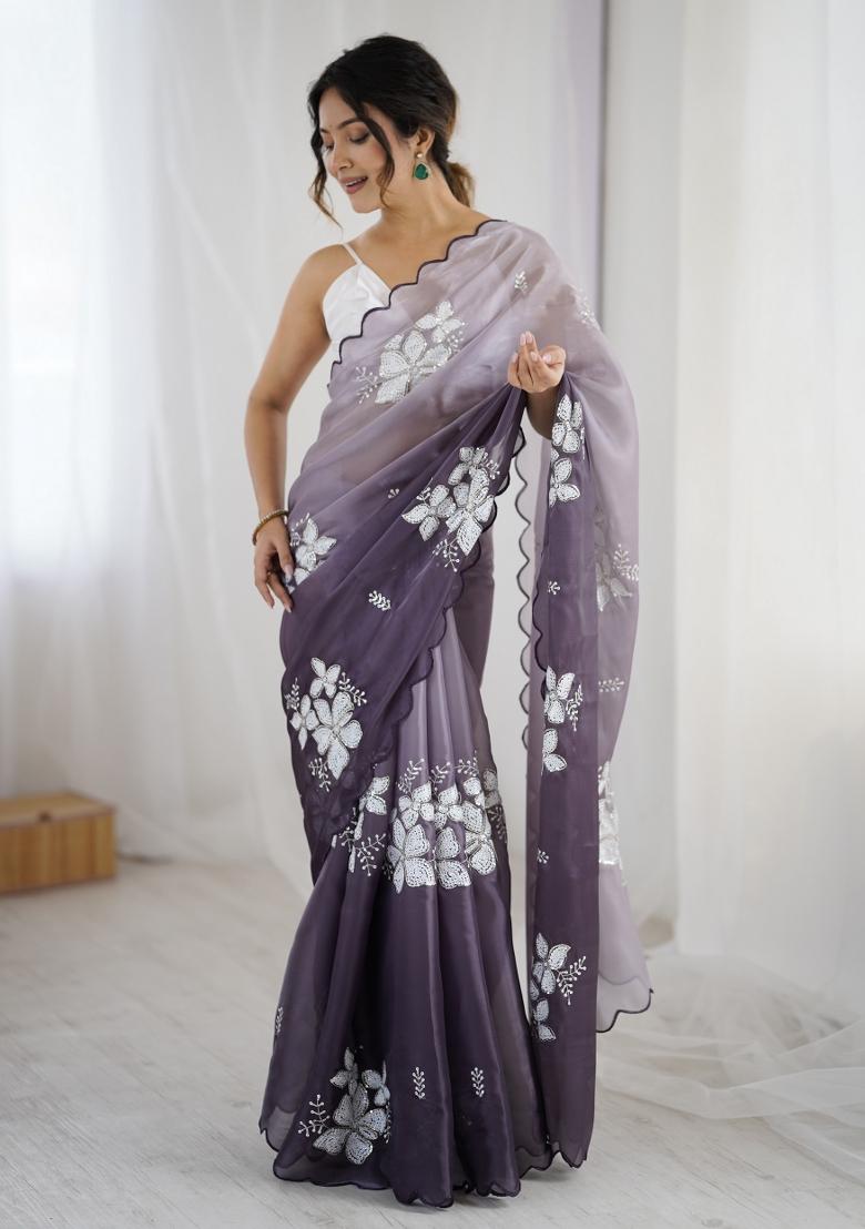 Grey Embroidered Chiffon Saree Set - Indya