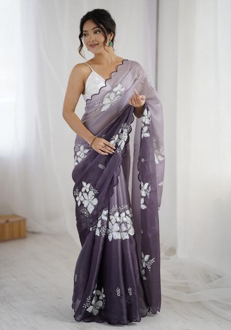 Grey Embroidered Chiffon Saree Set