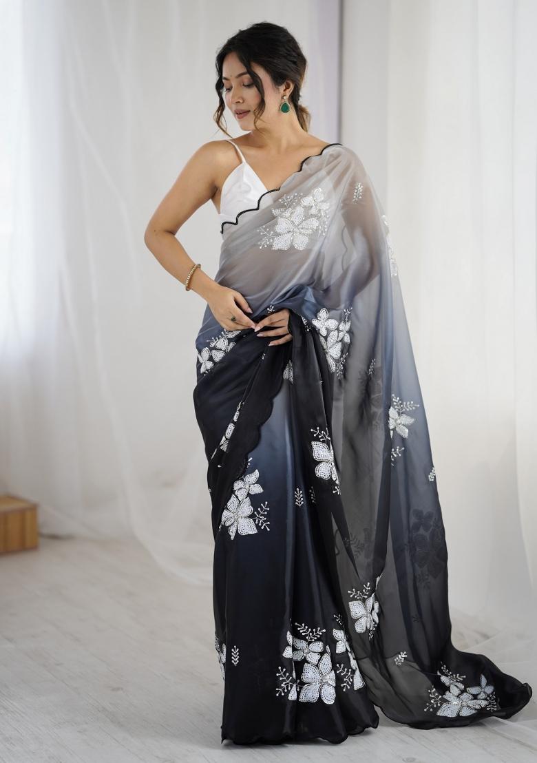 Black Embroidered Chiffon Saree Set - Indya