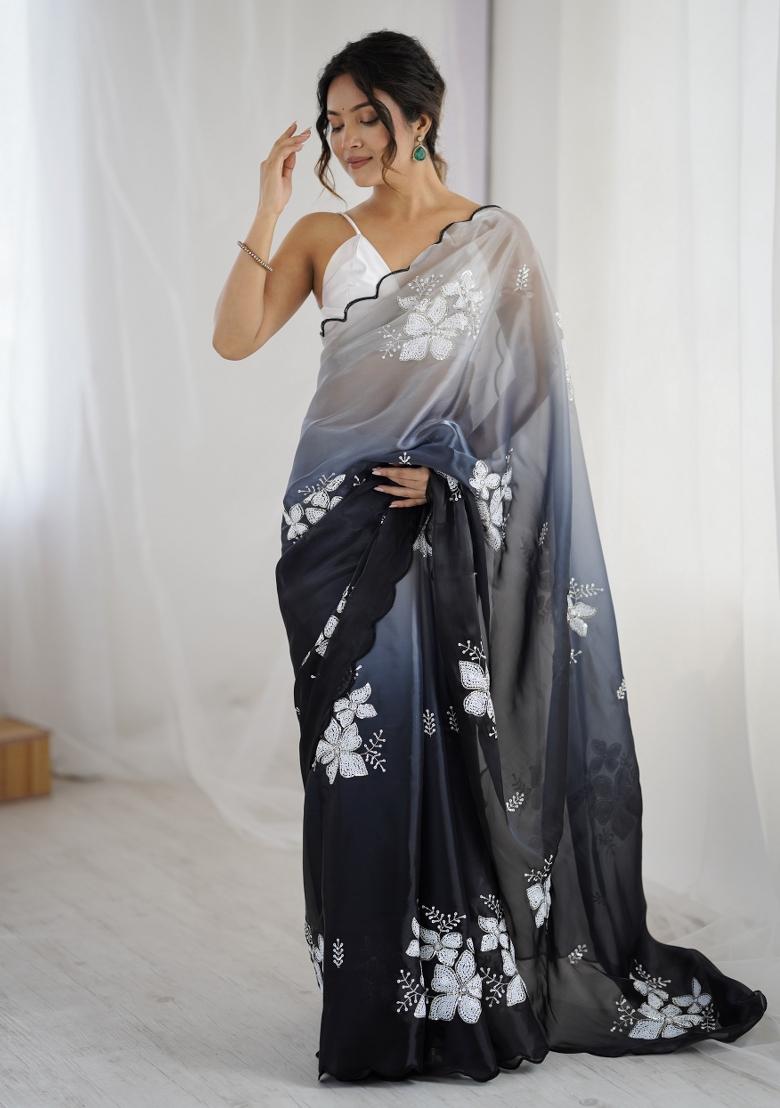 Black Embroidered Chiffon Saree Set - Indya