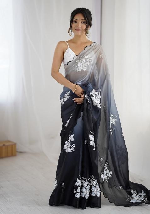 Black Embroidered Chiffon Saree Set