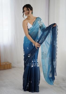 Blue Embroidered Chiffon Saree Set
