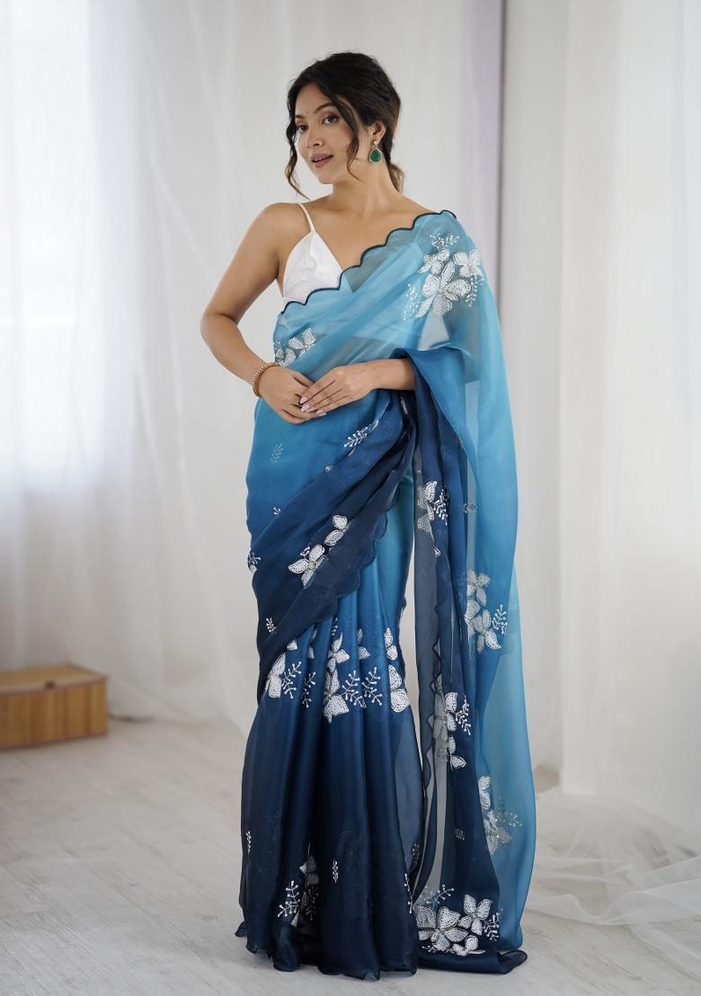 Blue Embroidered Chiffon Saree Set - Indya