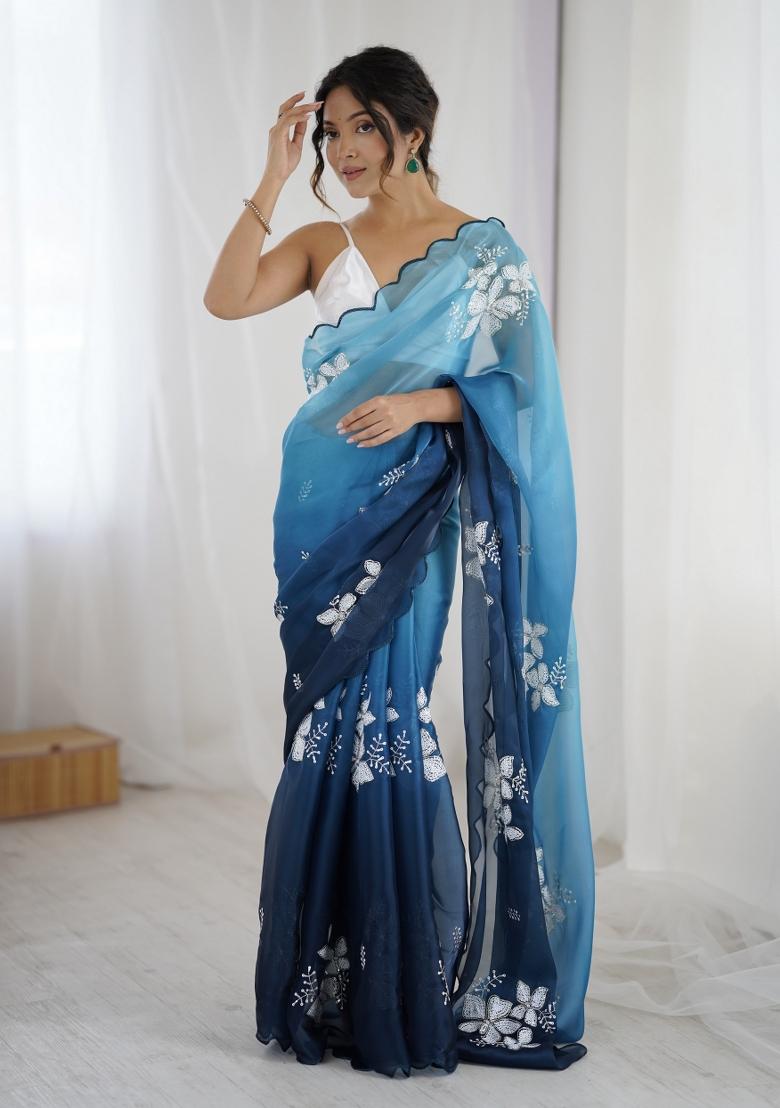 Blue Embroidered Chiffon Saree Set - Indya