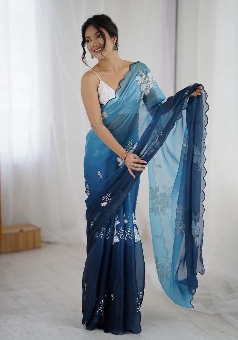 Blue Embroidered Chiffon Saree Set