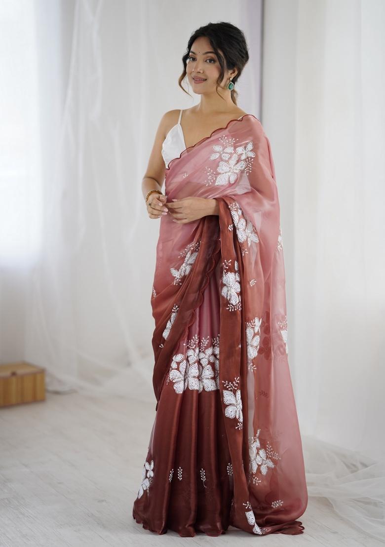 Brown Embroidered Chiffon Saree Set - Indya