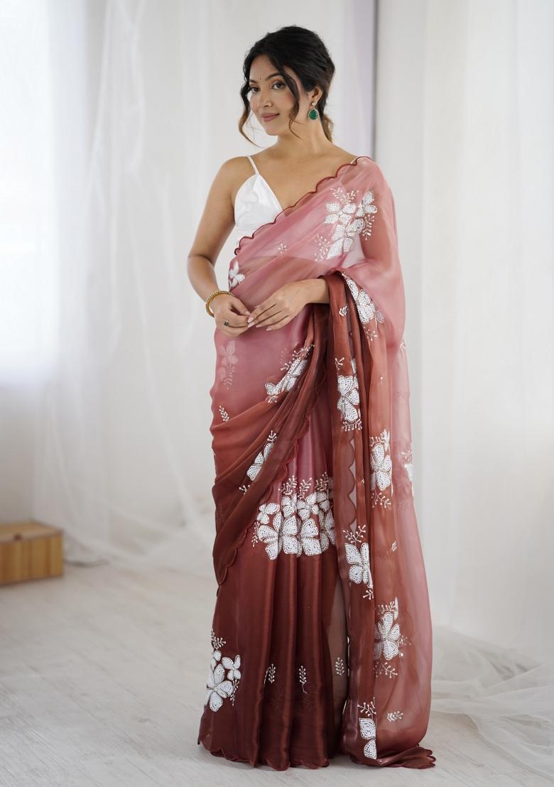Brown Embroidered Chiffon Saree Set - Indya