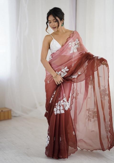 Brown Embroidered Chiffon Saree Set