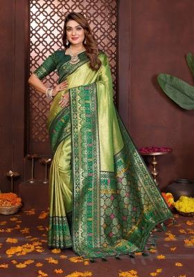 Green Woven Silk Blend Saree Set