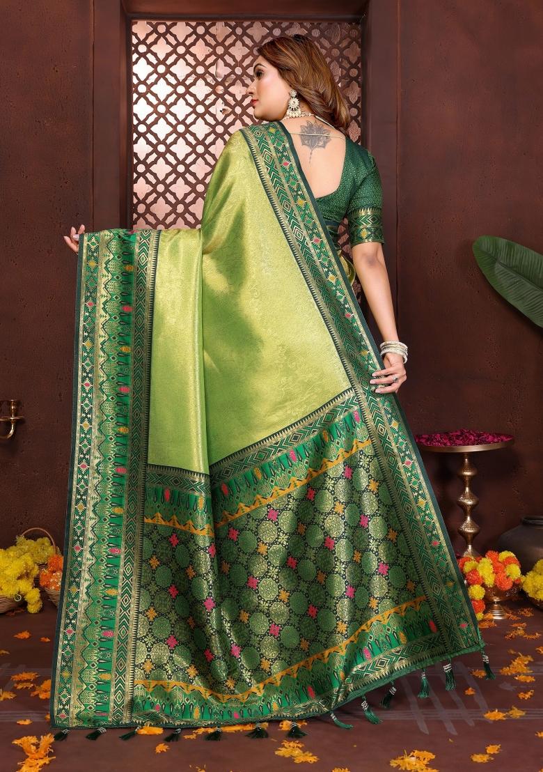 Green Woven Silk Blend Saree Set - Indya
