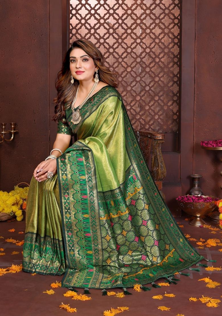 Green Woven Silk Blend Saree Set - Indya
