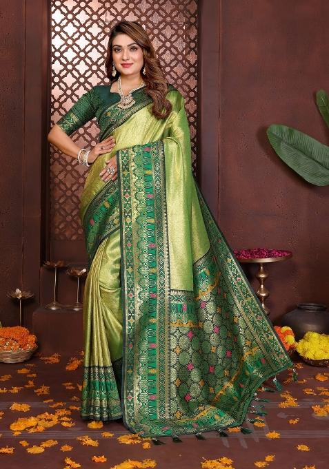 Green Woven Silk Blend Saree Set
