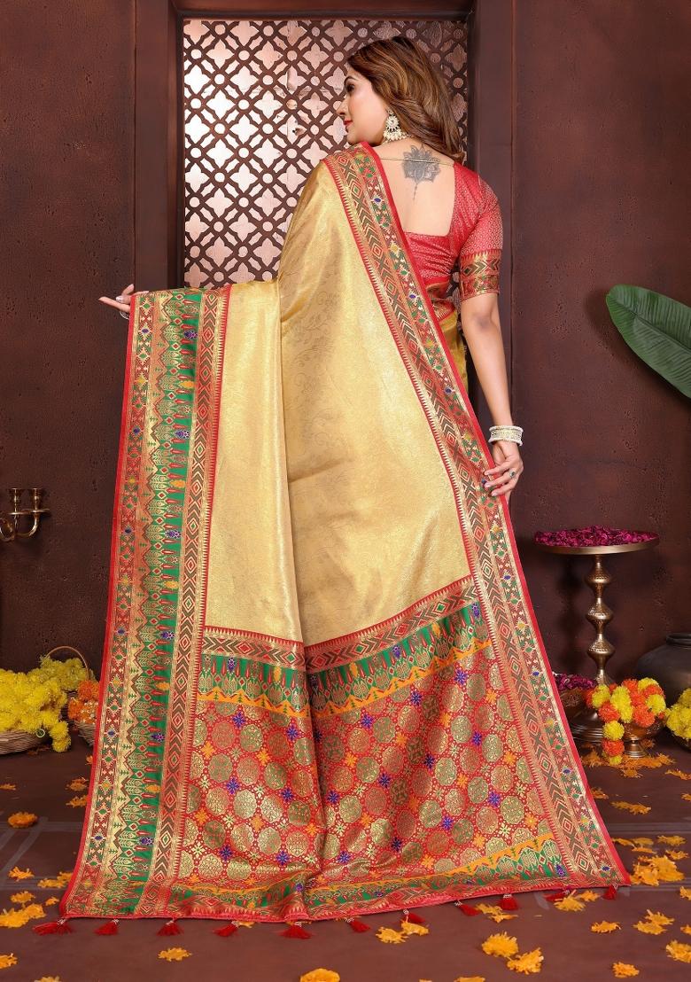 Yellow Woven Silk Blend Saree Set - Indya