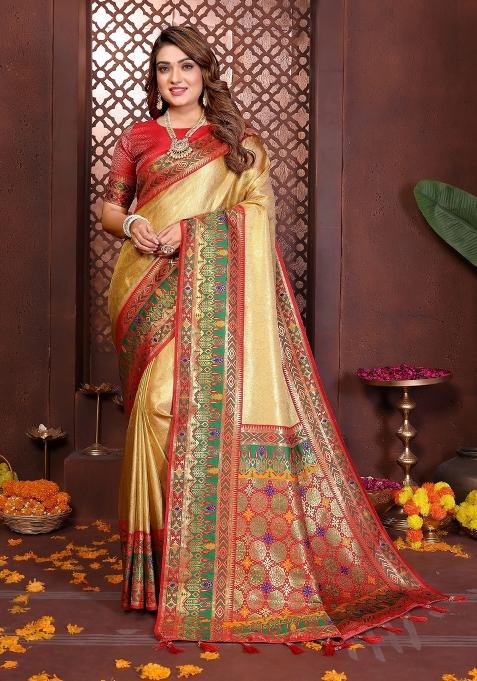 Yellow Woven Silk Blend Saree Set
