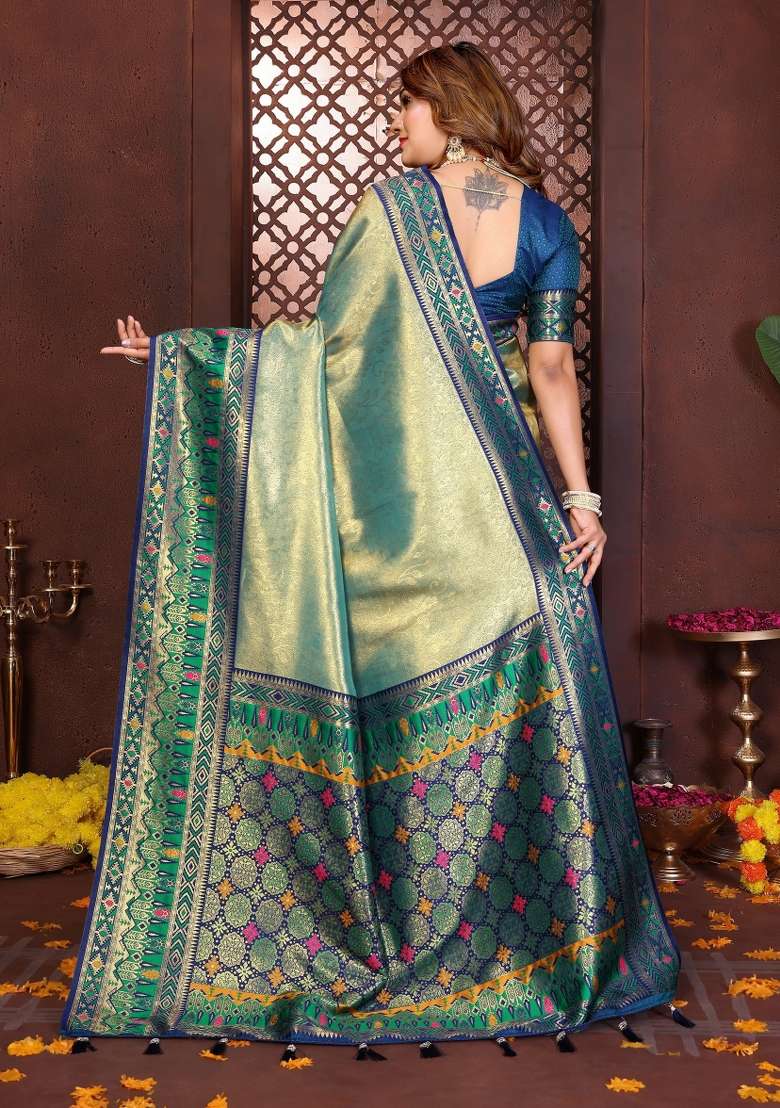 Blue Woven Silk Blend Saree Set for Diwali and Festive Wear - Indya