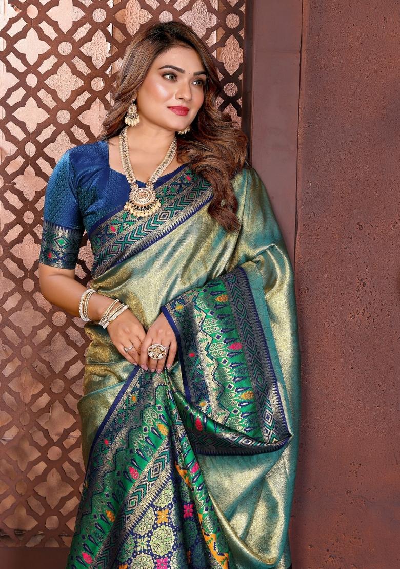 Blue Woven Silk Blend Saree Set - Indya