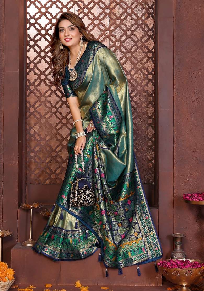 Blue Woven Silk Blend Saree Set for Diwali and Festive Wear - Indya