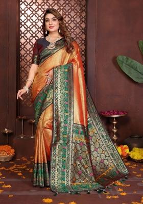 Orange Woven Silk Blend Saree Set