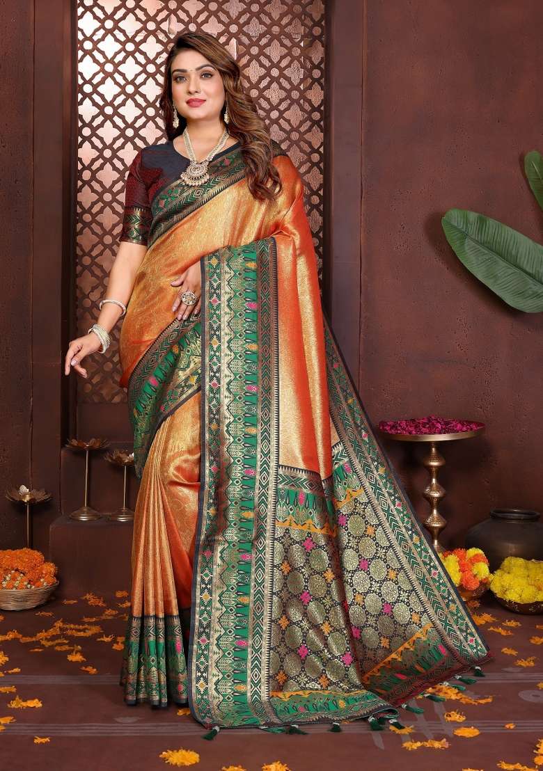 Orange Woven Silk Blend Saree Set for Diwali and Festive Wear - Indya