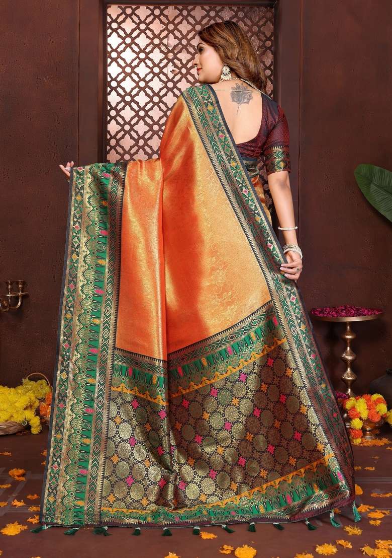 Orange Woven Silk Blend Saree Set for Diwali and Festive Wear - Indya