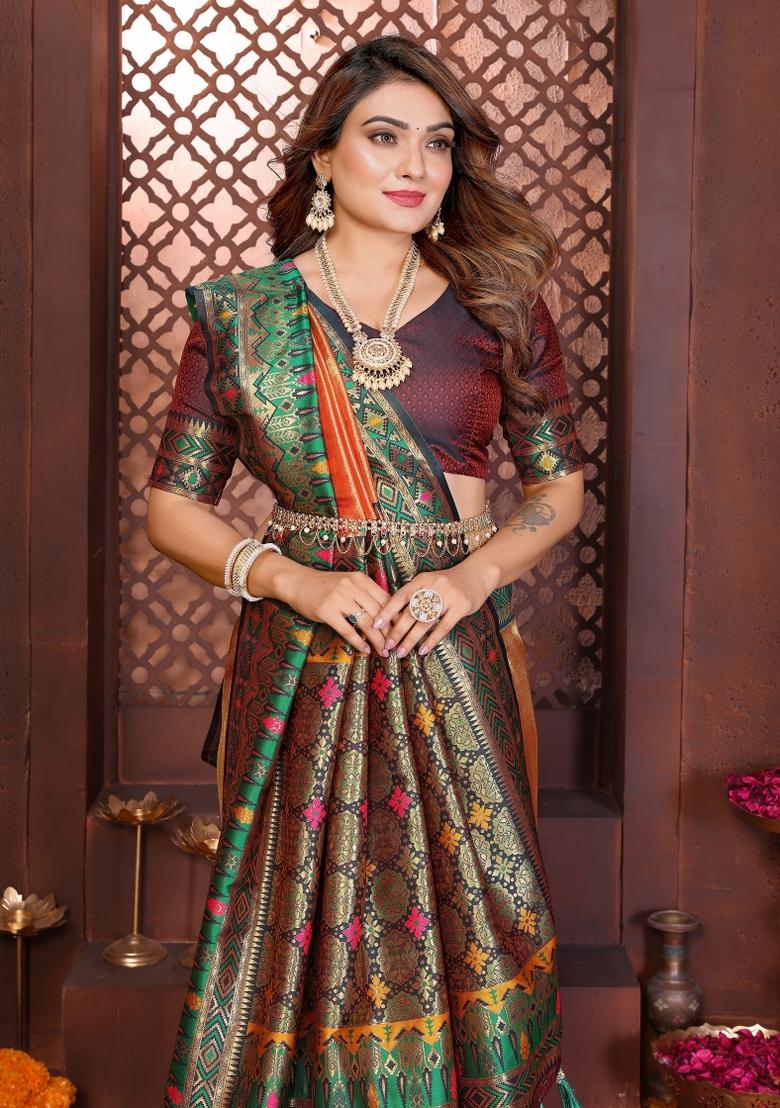 Orange Woven Silk Blend Saree Set - Indya