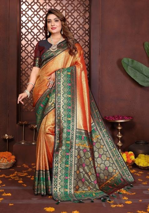 Orange Woven Silk Blend Saree Set
